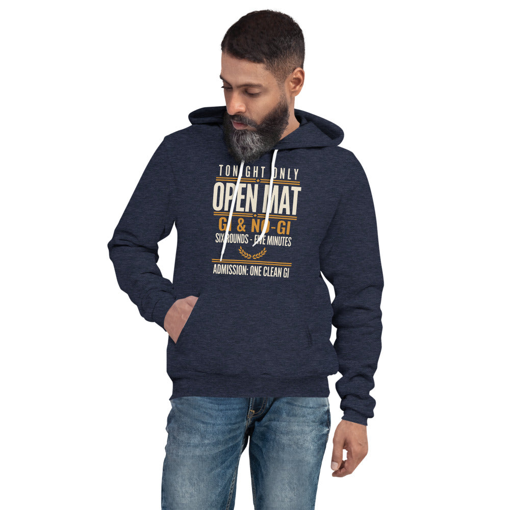Open Mat Tonight Brazilian jiu jitsu hoodie — Heather Navy, on model