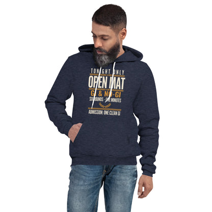 Open Mat Tonight Brazilian jiu jitsu hoodie — Heather Navy, on model