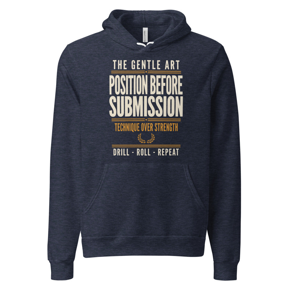 Position Before Submission Brazilian jiu jitsu hoodie — Heather Navy, front