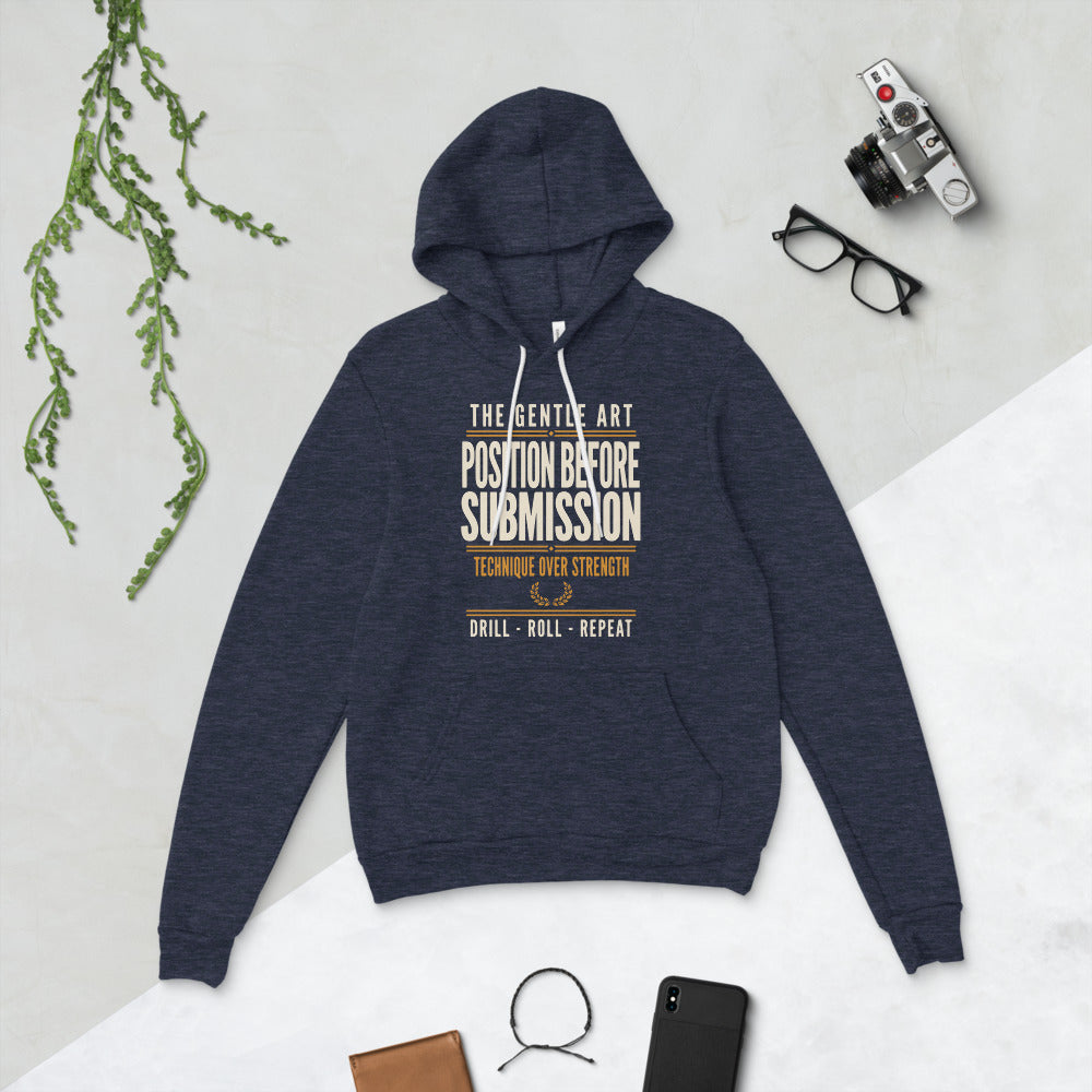 Position Before Submission Brazilian jiu jitsu hoodie — Heather Navy, flat lay