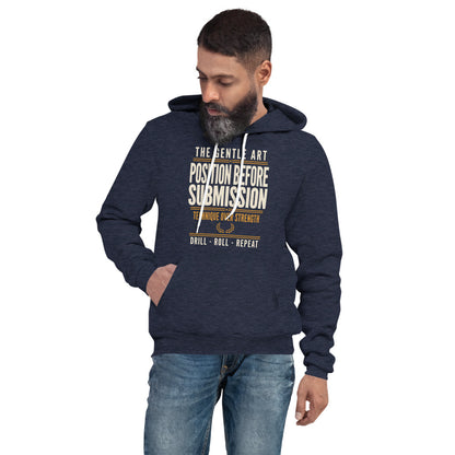 Position Before Submission Brazilian jiu jitsu hoodie — Heather Navy, on model