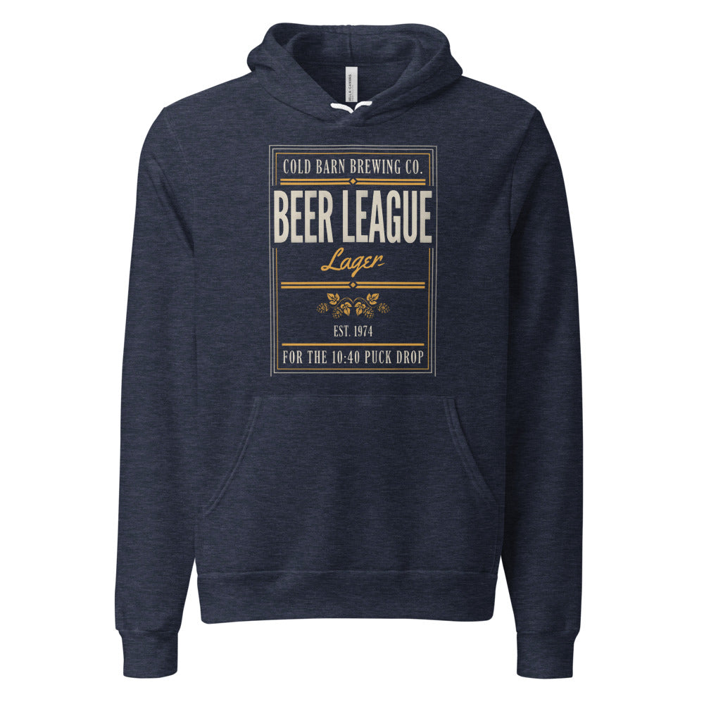 Beer League Cold Barn Brewing lager hoodie — Heather Navy, front
