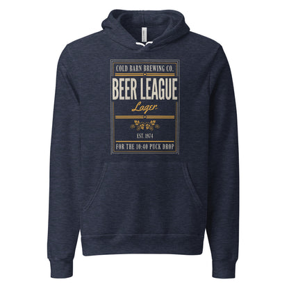 Beer League Cold Barn Brewing lager hoodie — Heather Navy, front