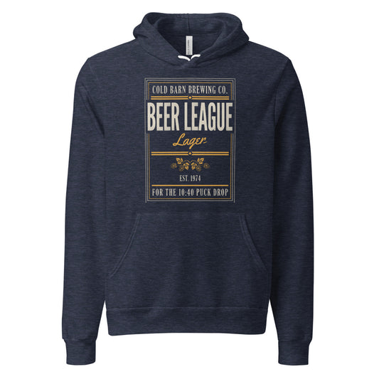 Beer League Cold Barn Brewing lager hoodie — Heather Navy, front