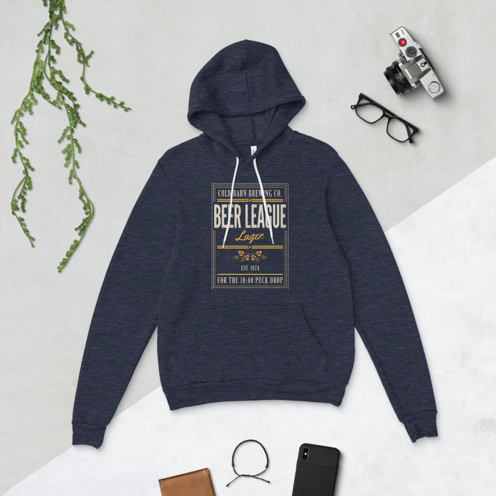 Beer League Cold Barn Brewing lager hoodie — Heather Navy, flat lay