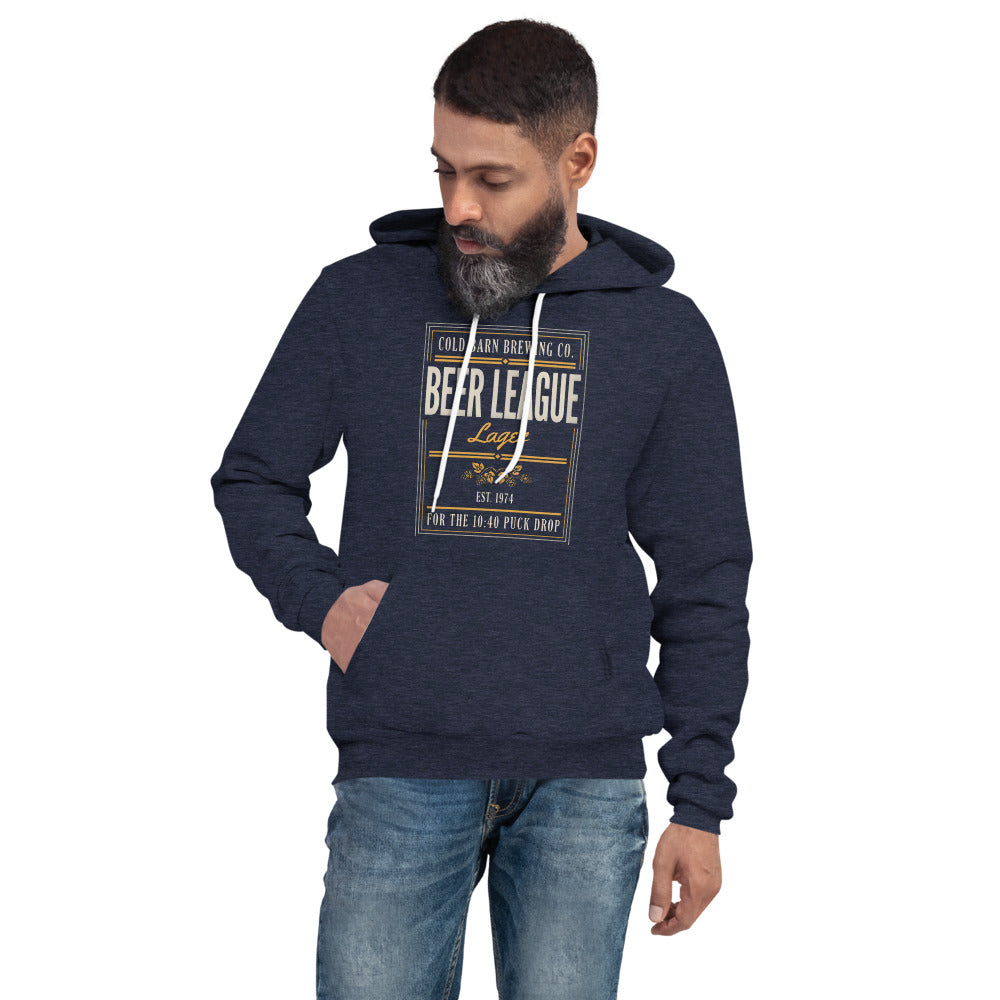 Beer League Cold Barn Brewing lager hoodie — Heather Navy, on model