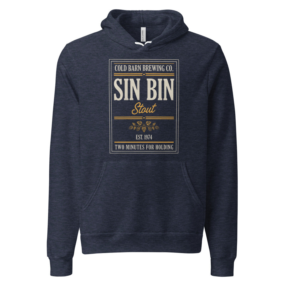 Beer League Sin Bin Stout brewery label hoodie — Heather Navy, front