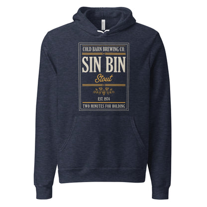 Beer League Sin Bin Stout brewery label hoodie — Heather Navy, front