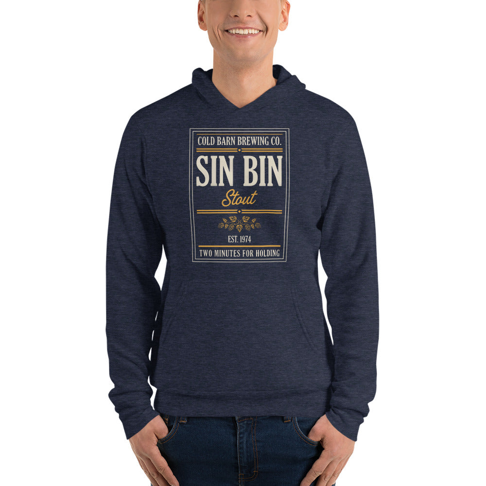 Beer League Sin Bin Stout brewery label hoodie — Heather Navy, on model