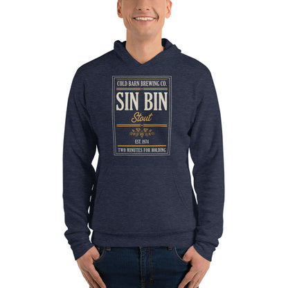 Beer League Sin Bin Stout brewery label hoodie — Heather Navy, on model