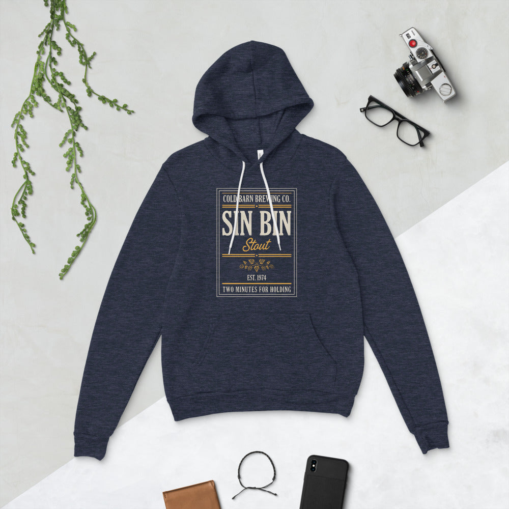 Beer League Sin Bin Stout brewery label hoodie — Heather Navy, flat lay