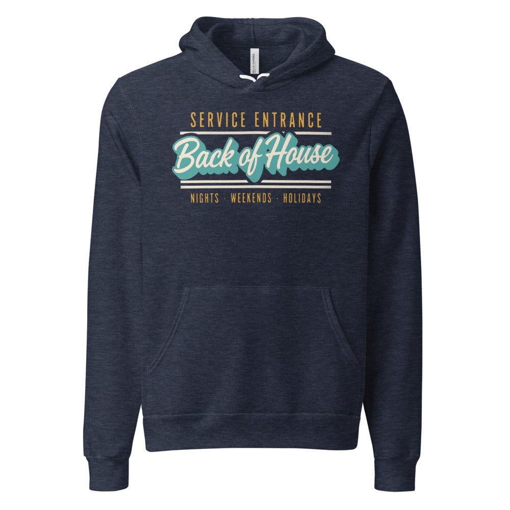 Line Cook Back of House retro diner service sign hoodie — Heather Navy, front
