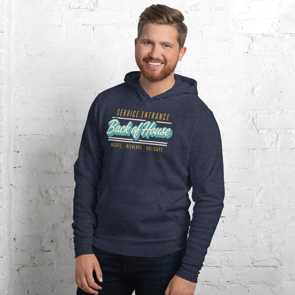 Line Cook Back of House retro diner service sign hoodie — Heather Navy, on model