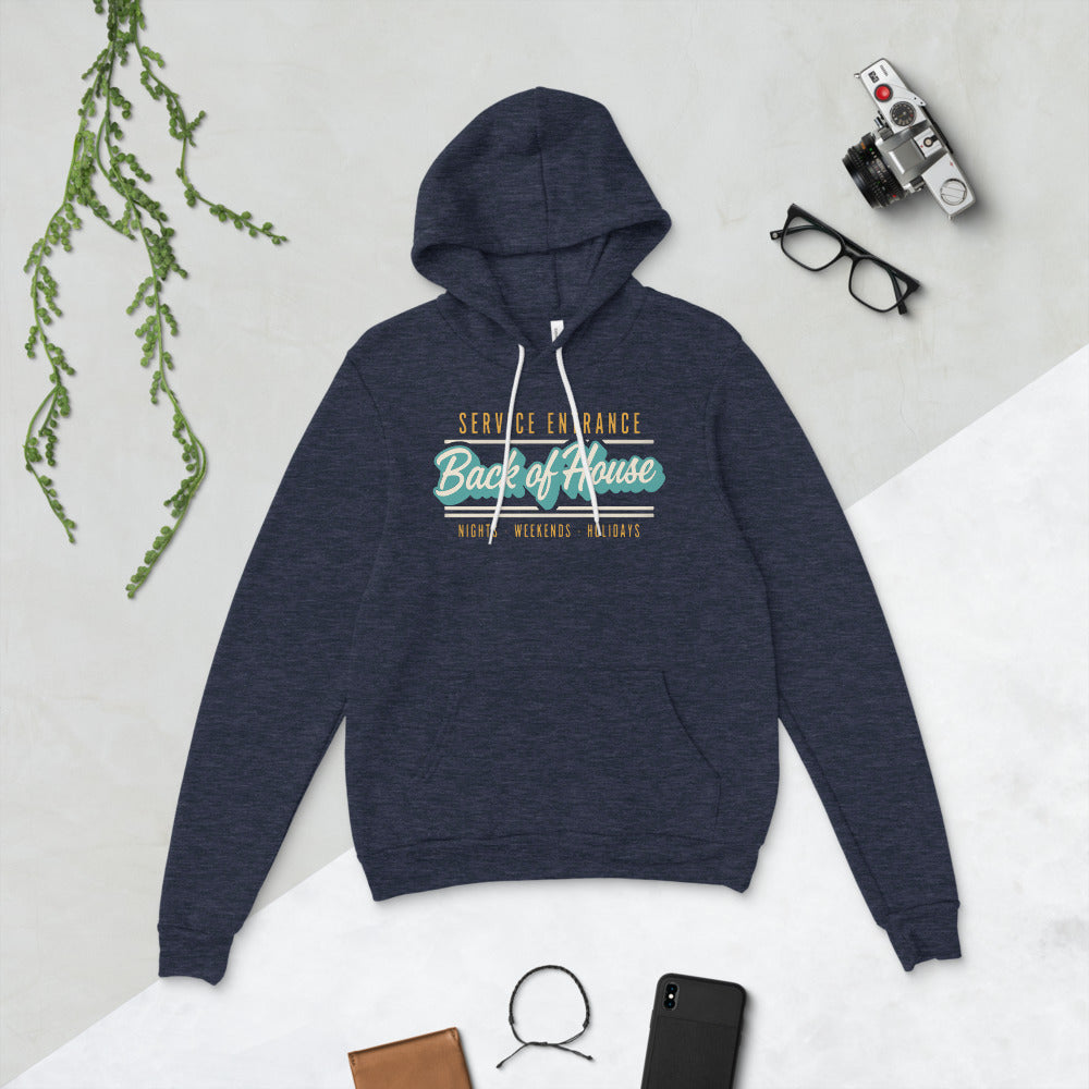 Line Cook Back of House retro diner service sign hoodie — Heather Navy, flat lay