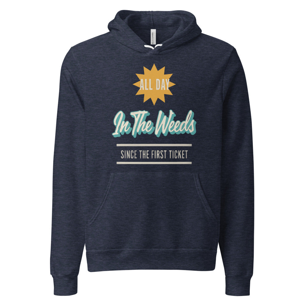In The Weeds line cook retro diner service sign hoodie — Heather Navy, front