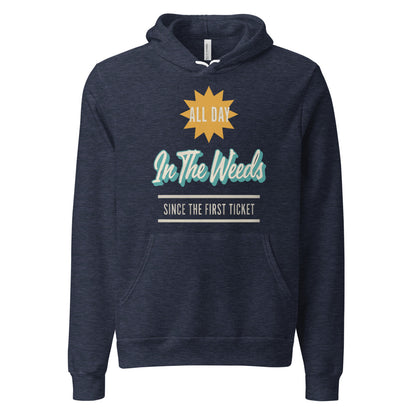 In The Weeds line cook retro diner service sign hoodie — Heather Navy, front