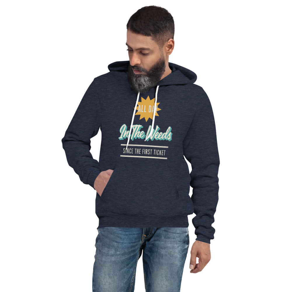In The Weeds line cook retro diner service sign hoodie — Heather Navy, on model