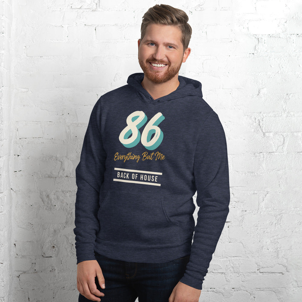 86 Everything But Me line cook back of house hoodie — Heather Navy, on model