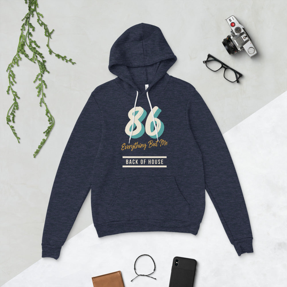 86 Everything But Me line cook back of house hoodie — Heather Navy, flat lay
