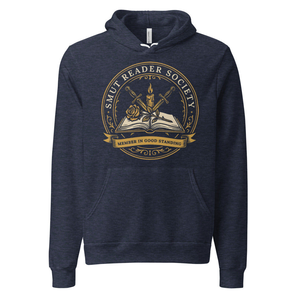 Smut Reader Society book lover dark academia hoodie — Heather Navy, front