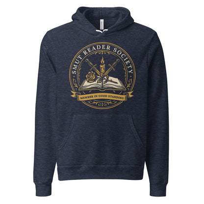 Smut Reader Society book lover dark academia hoodie — Heather Navy, front