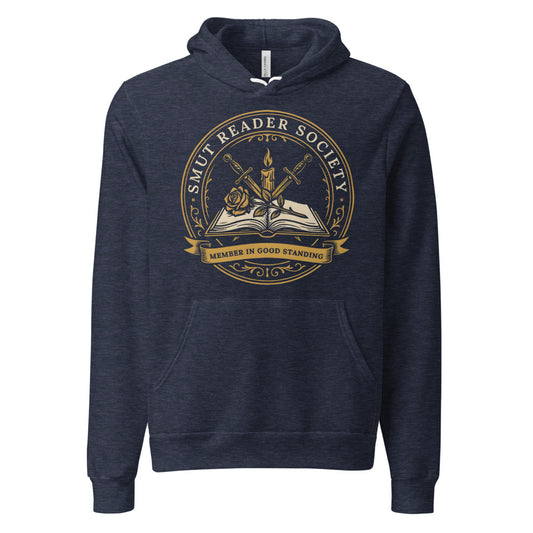 Smut Reader Society book lover dark academia hoodie — Heather Navy, front