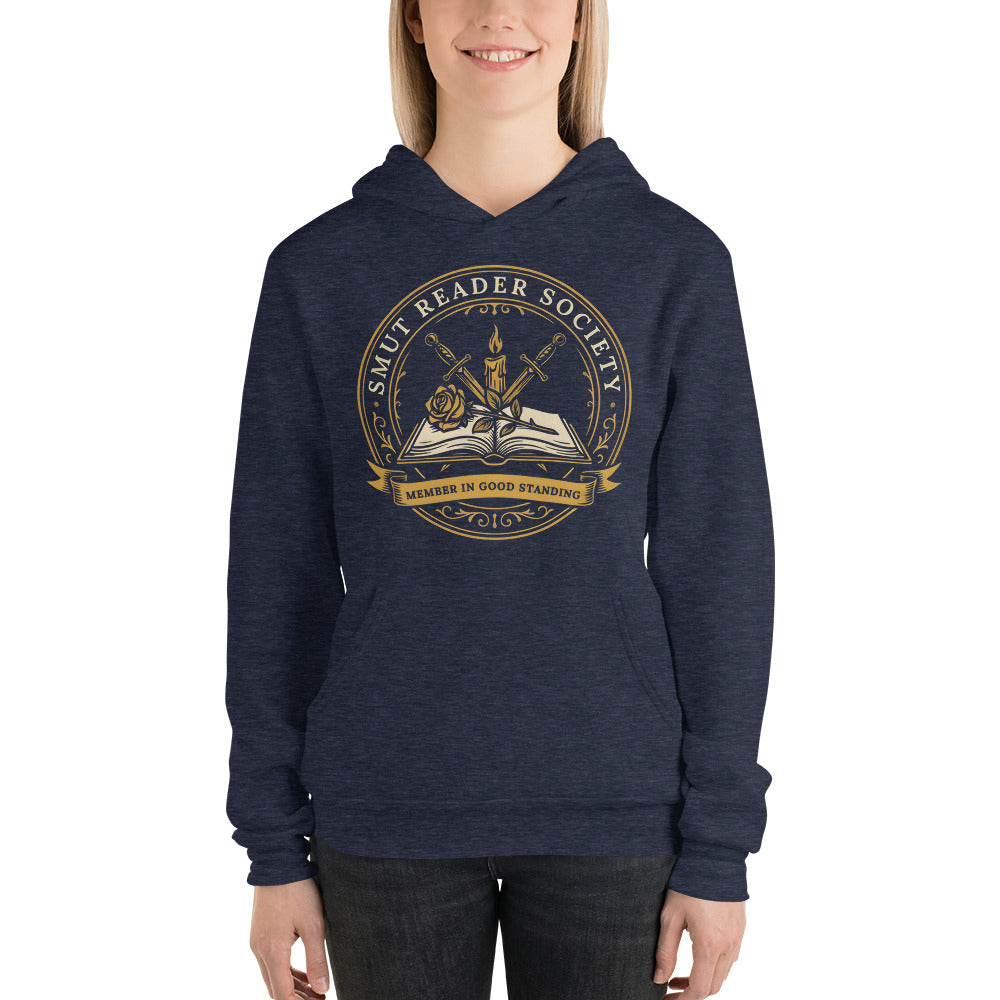 Smut Reader Society book lover dark academia hoodie — Heather Navy, on model