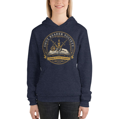 Smut Reader Society book lover dark academia hoodie — Heather Navy, on model