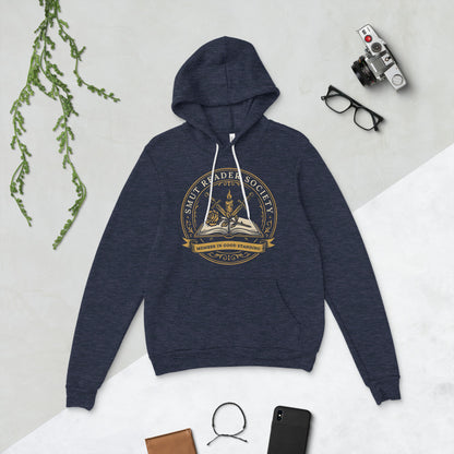 Smut Reader Society book lover dark academia hoodie — Heather Navy, flat lay
