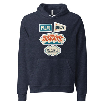 Vintage scuba diving dive sites travel decal hoodie — Heather Navy, front