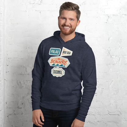 Vintage scuba diving dive sites travel decal hoodie — Heather Navy, on model
