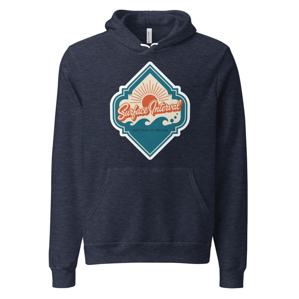 Surface Interval vintage scuba diving travel decal hoodie — Heather Navy, front