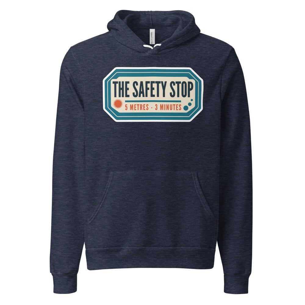 The Safety Stop vintage scuba diving travel decal hoodie — Heather Navy, front