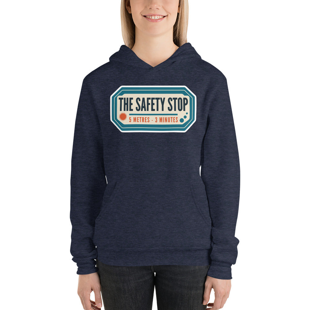 The Safety Stop vintage scuba diving travel decal hoodie — Heather Navy, on model