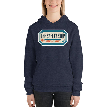 The Safety Stop vintage scuba diving travel decal hoodie — Heather Navy, on model