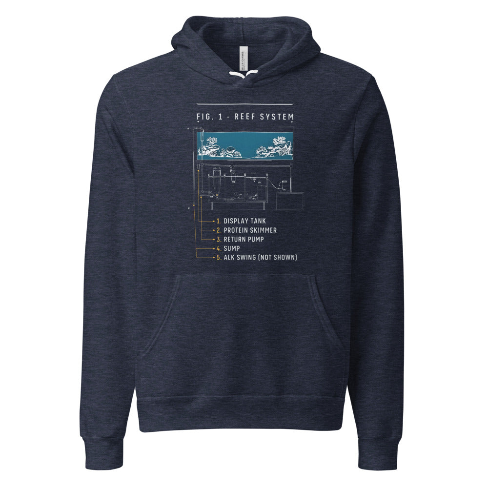Reef System technical cutaway saltwater aquarium hoodie — Heather Navy, front