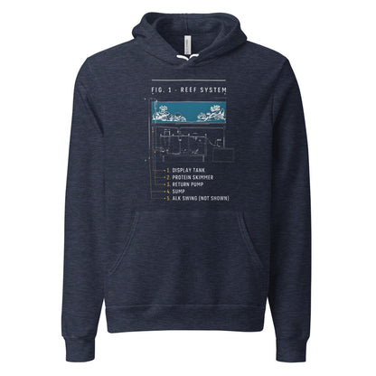 Reef System technical cutaway saltwater aquarium hoodie — Heather Navy, front