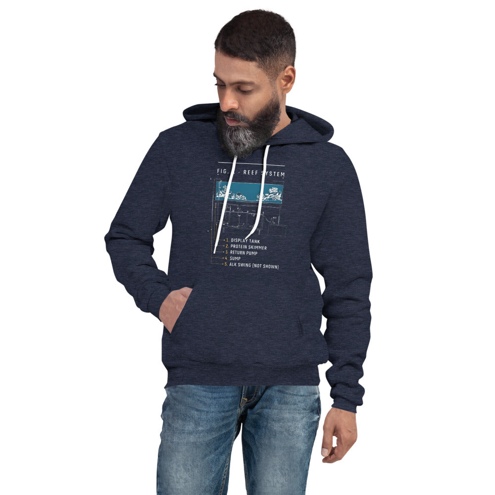 Reef System technical cutaway saltwater aquarium hoodie — Heather Navy, on model