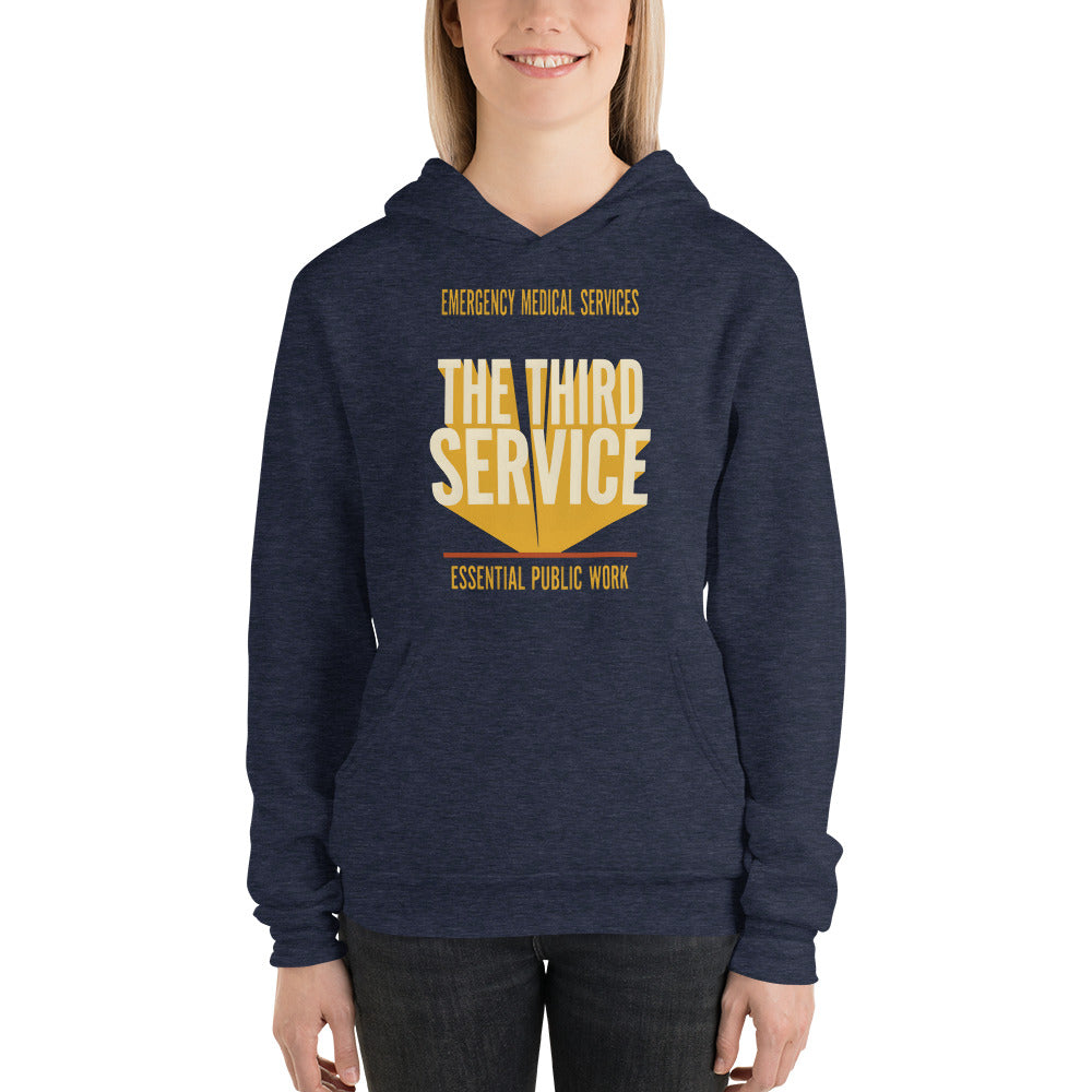 The Third Service EMS hoodie — Heather Navy, on model