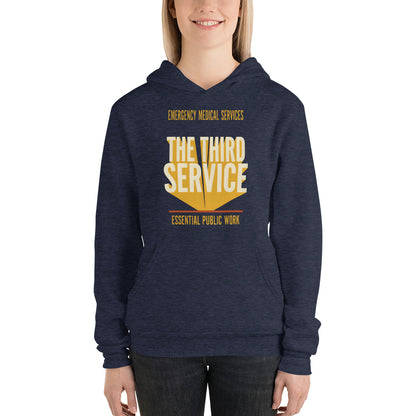 The Third Service EMS hoodie — Heather Navy, on model