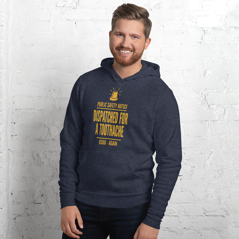 Dispatched For a Toothache funny EMS paramedic hoodie — Heather Navy, on model