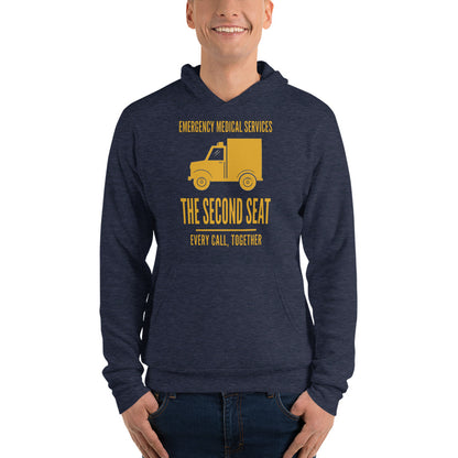 The Second Seat EMS paramedic hoodie — Heather Navy, on model