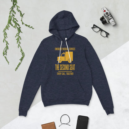 The Second Seat EMS paramedic hoodie — Heather Navy, flat lay