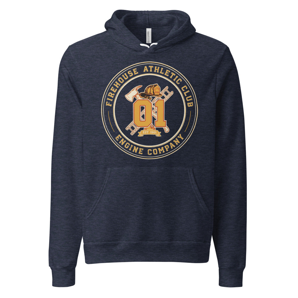 Firehouse Athletic Club retro firefighter emblem hoodie — Heather Navy, front