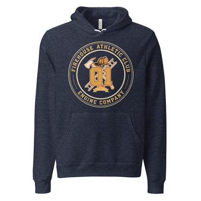 Firehouse Athletic Club retro firefighter emblem hoodie — Heather Navy, front