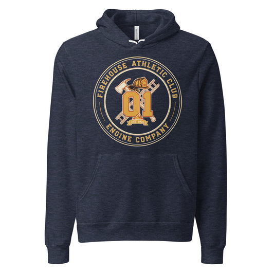 Firehouse Athletic Club retro firefighter emblem hoodie — Heather Navy, front