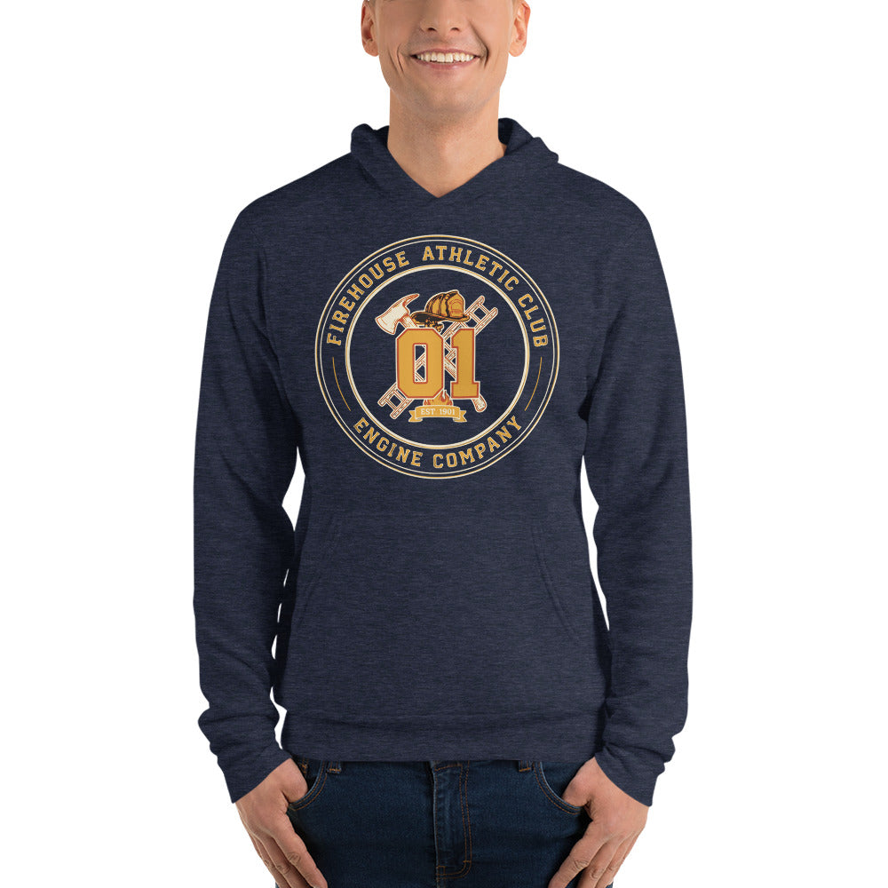 Firehouse Athletic Club retro firefighter emblem hoodie — Heather Navy, on model