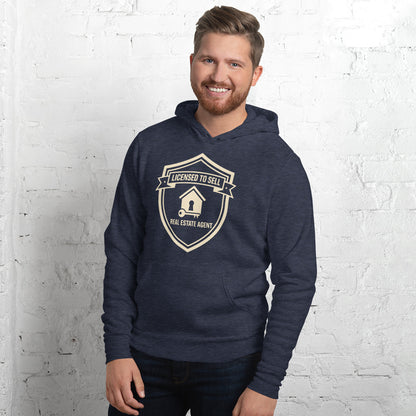 Licensed to Sell real estate agent hoodie — Heather Navy, on model
