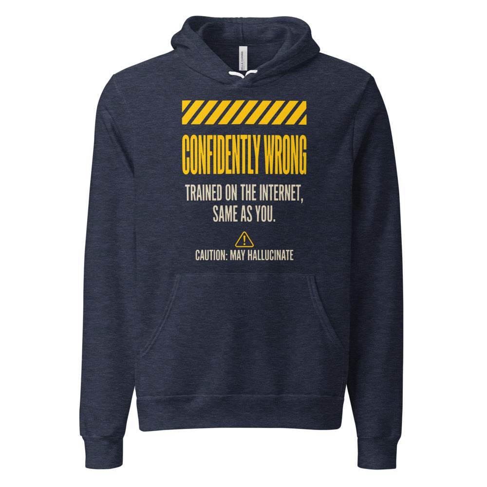 Confidently Wrong AI hazard-label pullover hoodie — Heather Navy, front