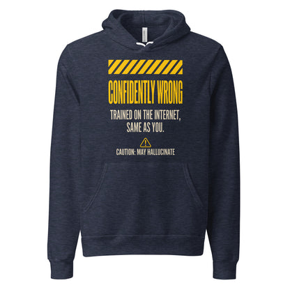 Confidently Wrong AI hazard-label pullover hoodie — Heather Navy, front